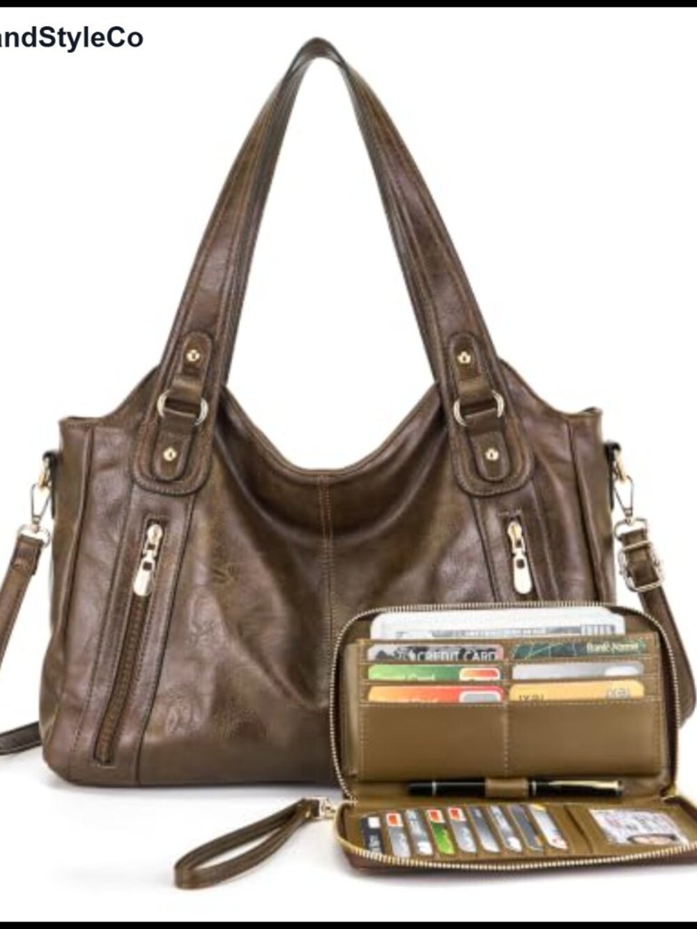 Faux Leather Hobo Shoulder Bag & Wallet Set 2pc Adjustable Crossbody